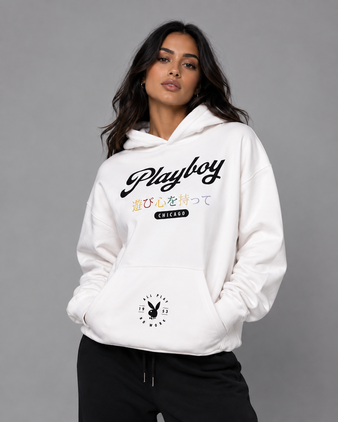 Playboy Chicago felpa cappuccio unisex nera cotone