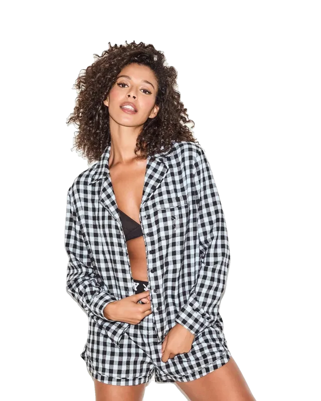 Playboy Flannel camicia da notte quadri blu cotone