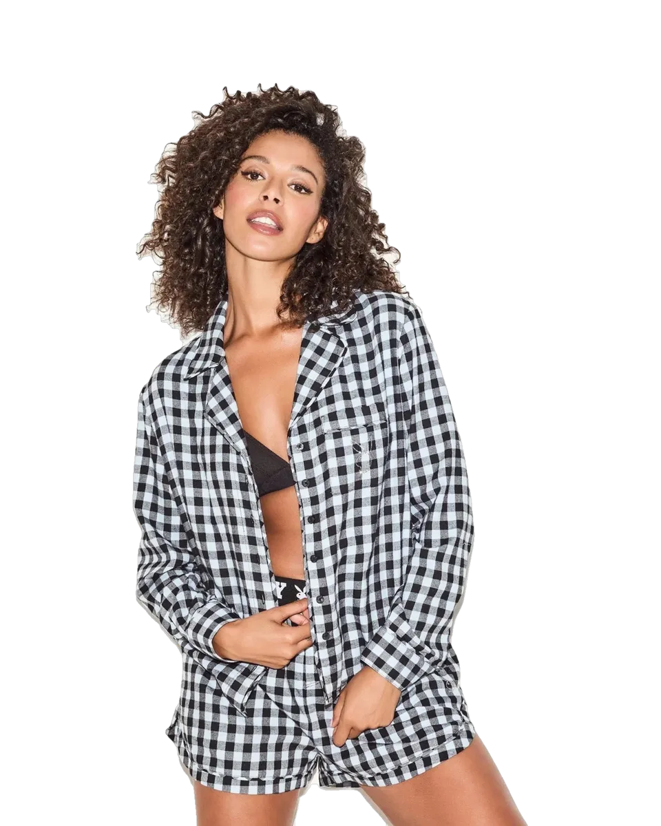 Playboy Flannel camicia da notte quadri blu cotone
