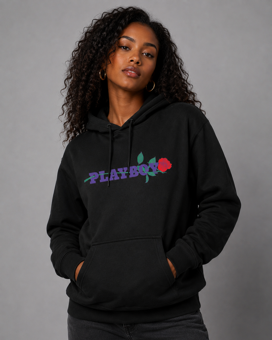 Playboy Rose Felpa con Cappuccio Unisex Nera Grafica Rosa