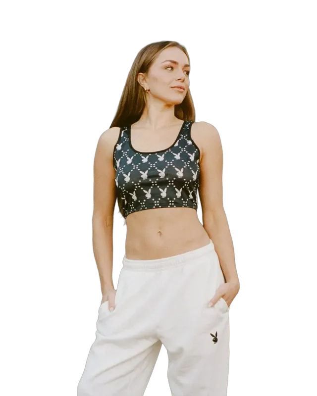 Playboy Rabbit Head Cropped Racer Tank canotta nera elasticizzata