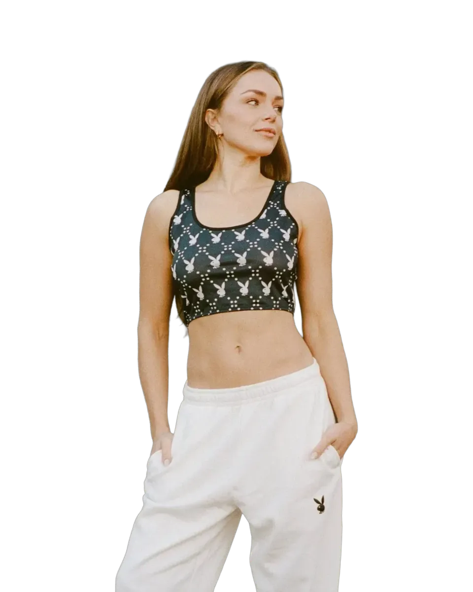 Playboy Rabbit Head Cropped Racer Tank canotta nera elasticizzata