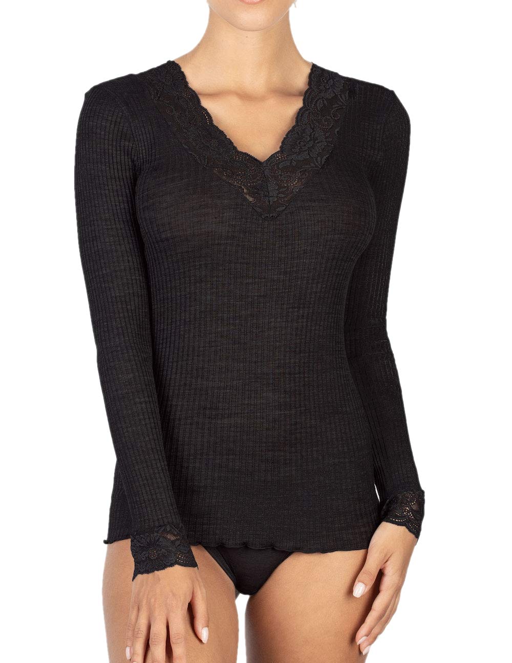 Egi maglia donna micro lana maniche lunghe scollo V pizzo
