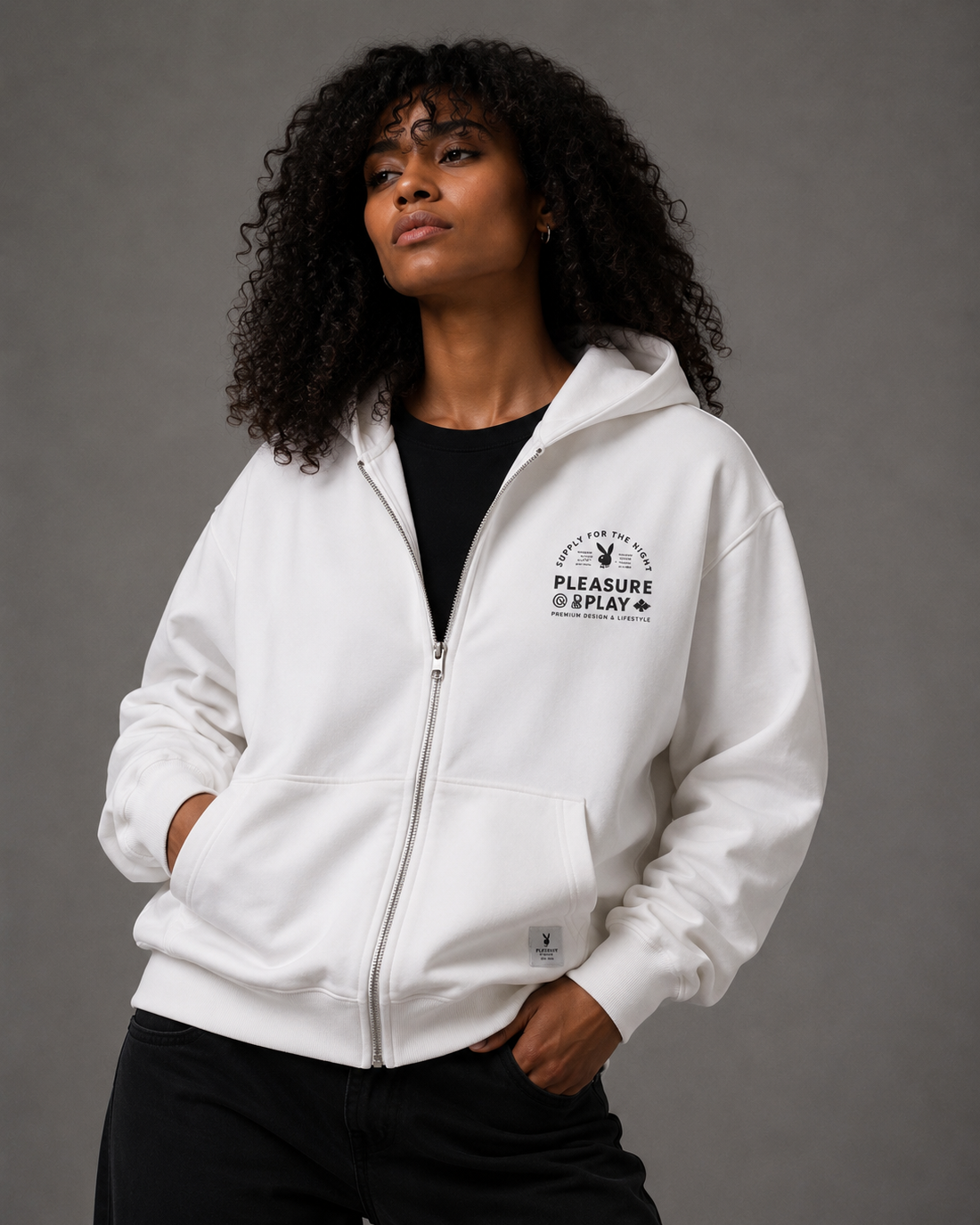 Playboy Play PB Zip Up felpa con cappuccio nero cotone