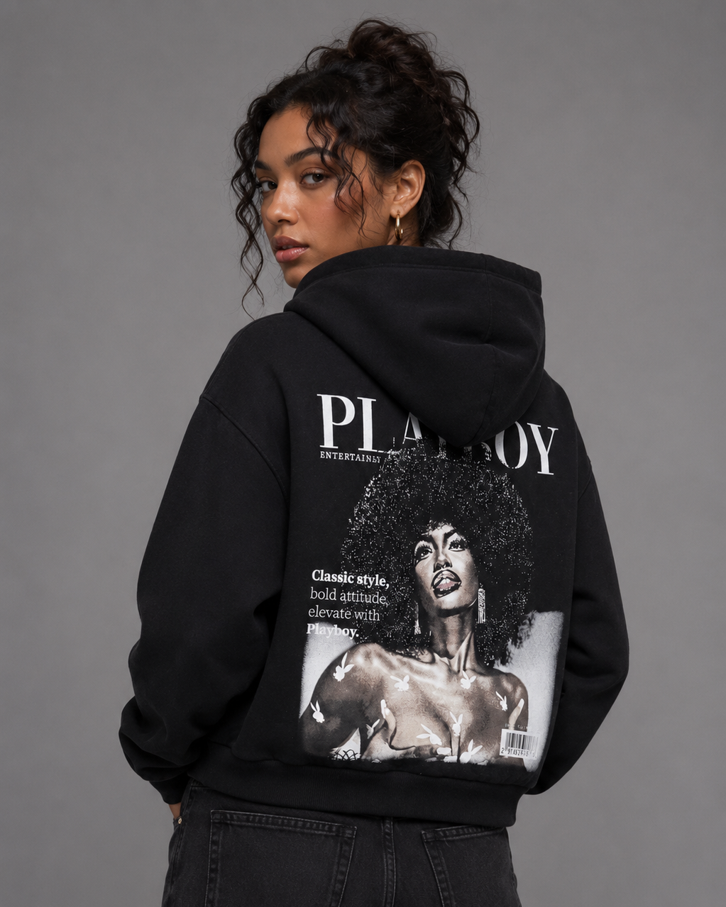 Playboy Class felpa cappuccio nera stampa archivio unisex