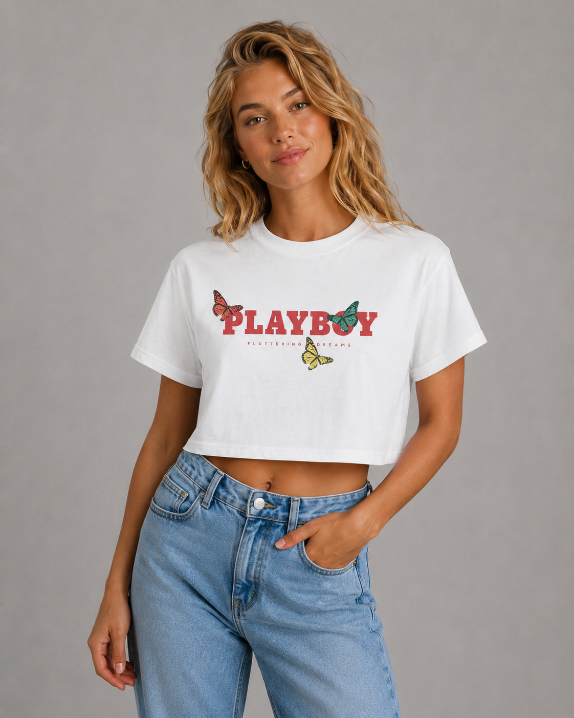 Playboy Butterfly Crop Tee maglietta crop bianca in cotone