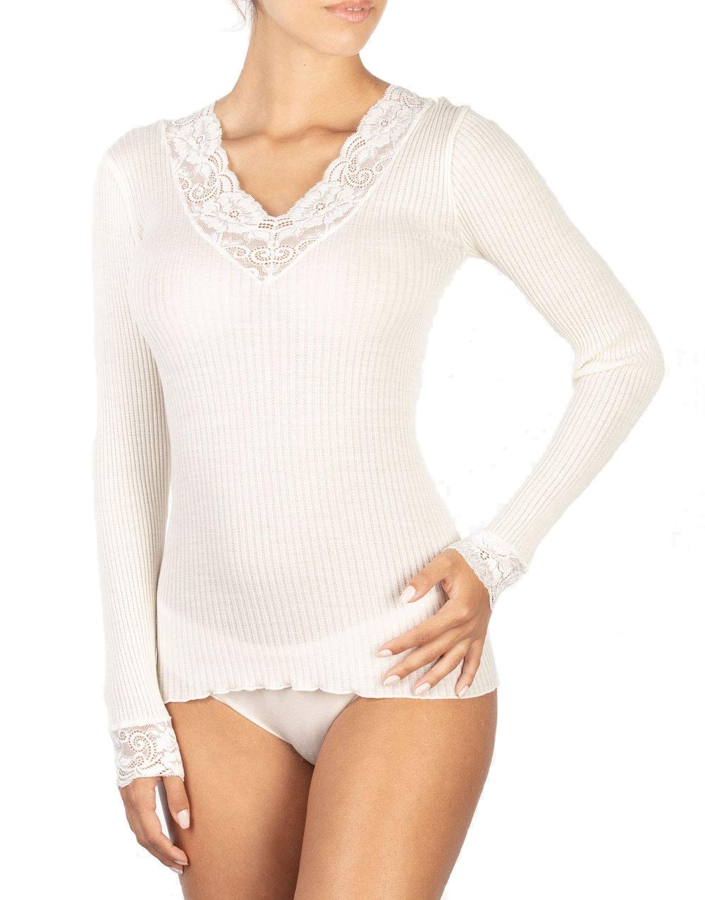 Egi maglia donna micro lana maniche lunghe scollo V pizzo