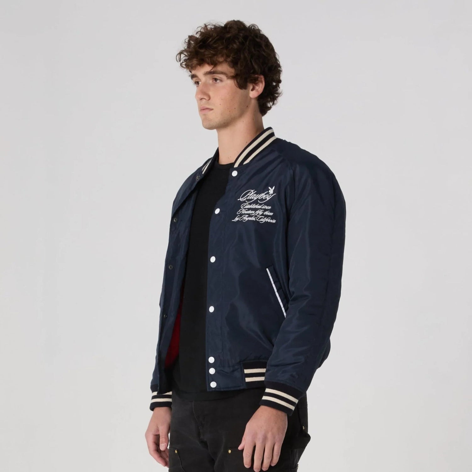 Playboy EST.53 giacca varsity blu con maniche pelle