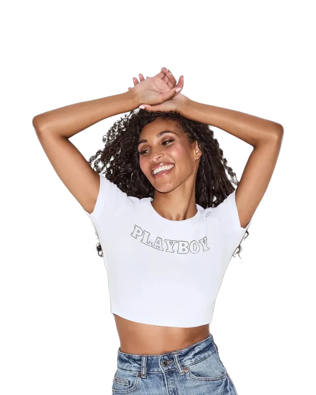 Playboy Classic Rhinestone Masthead baby tee bianca