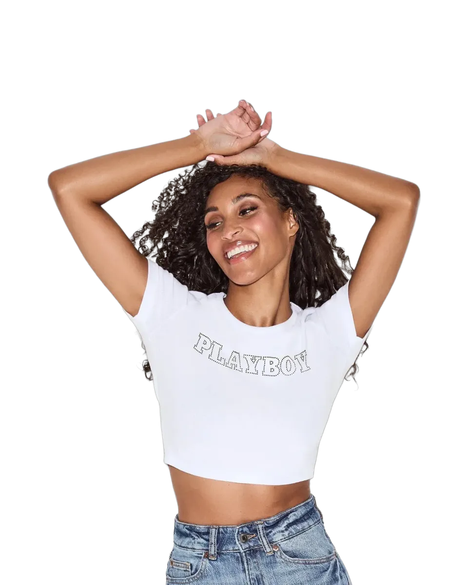 Playboy Classic Rhinestone Masthead baby tee bianca