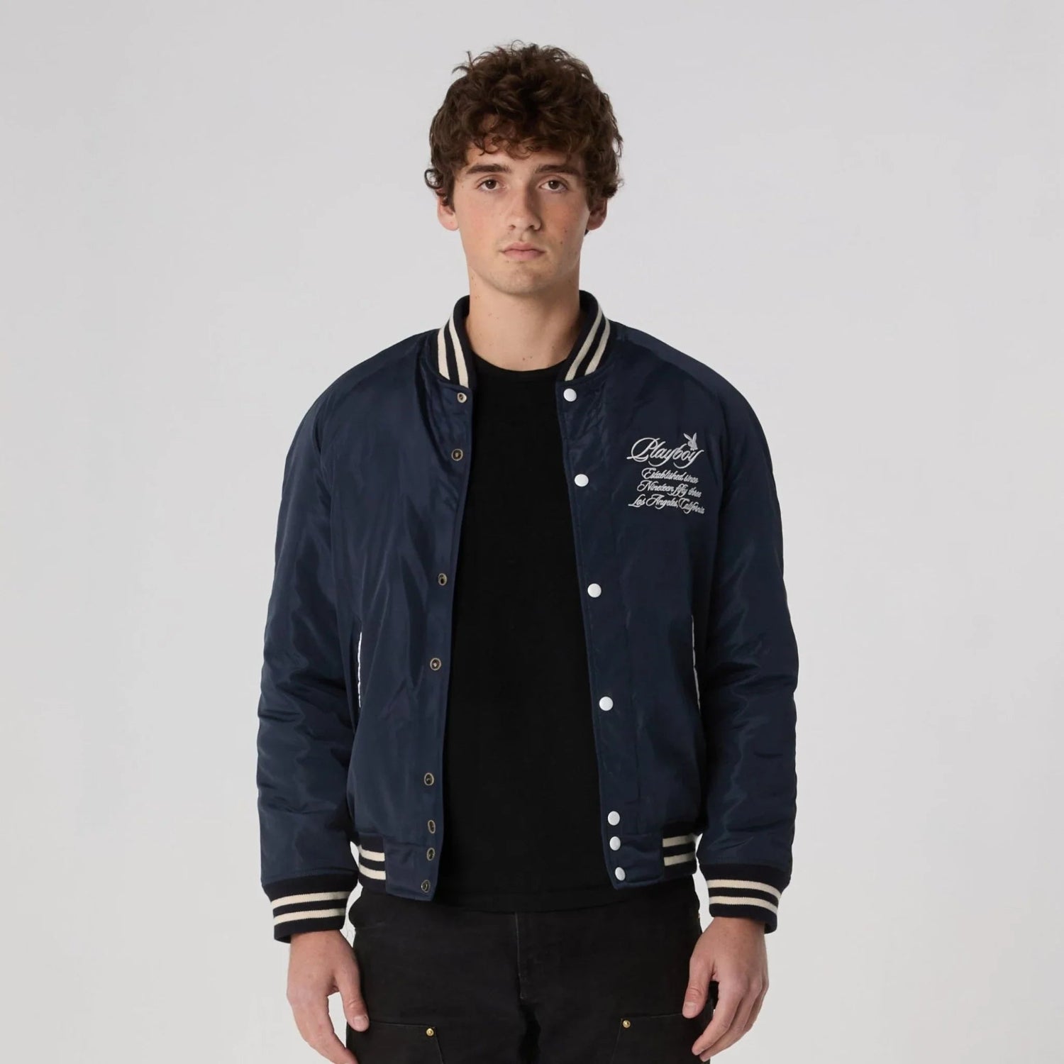 Playboy EST.53 giacca varsity blu con maniche pelle