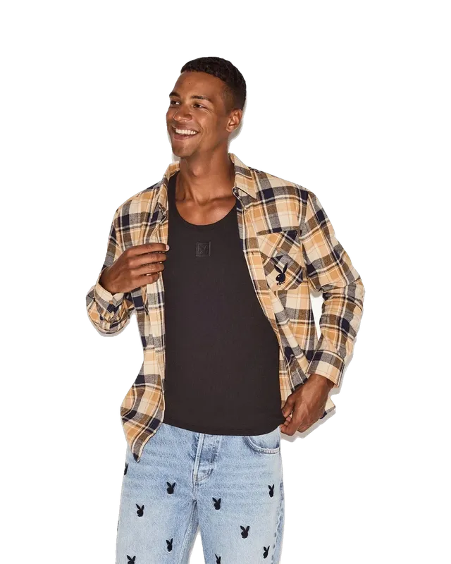 Playboy Tan Flannel camicia uomo tan plaid flanella