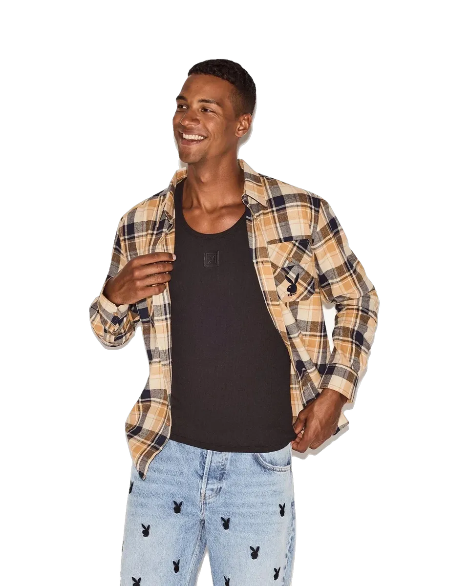 Playboy Tan Flannel camicia uomo tan plaid flanella