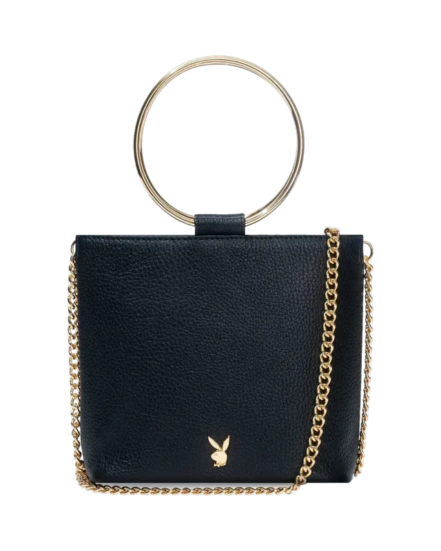 Playboy Leather Ring Clutch pochette pelle nera con catena