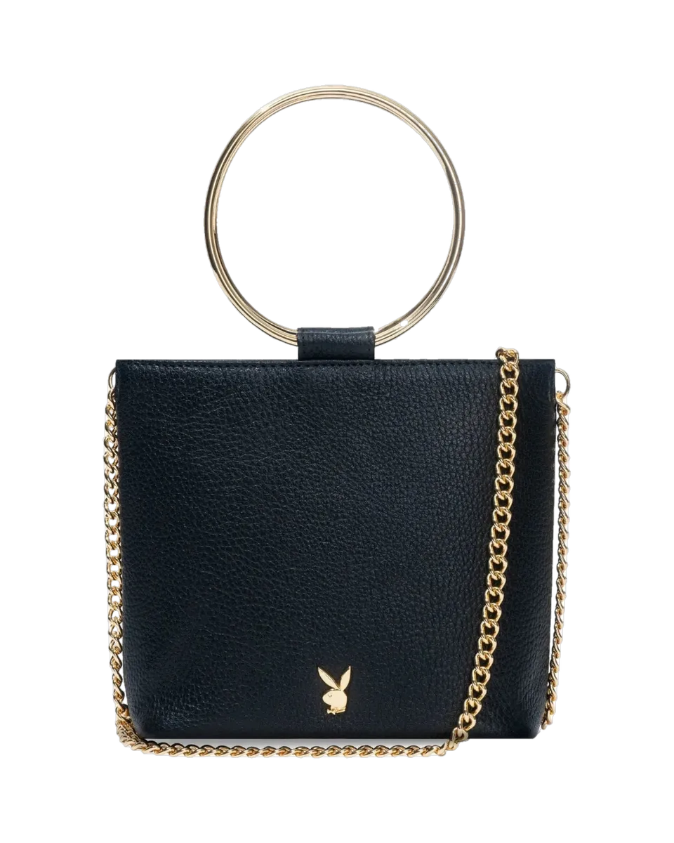 Playboy Leather Ring Clutch pochette pelle nera con catena