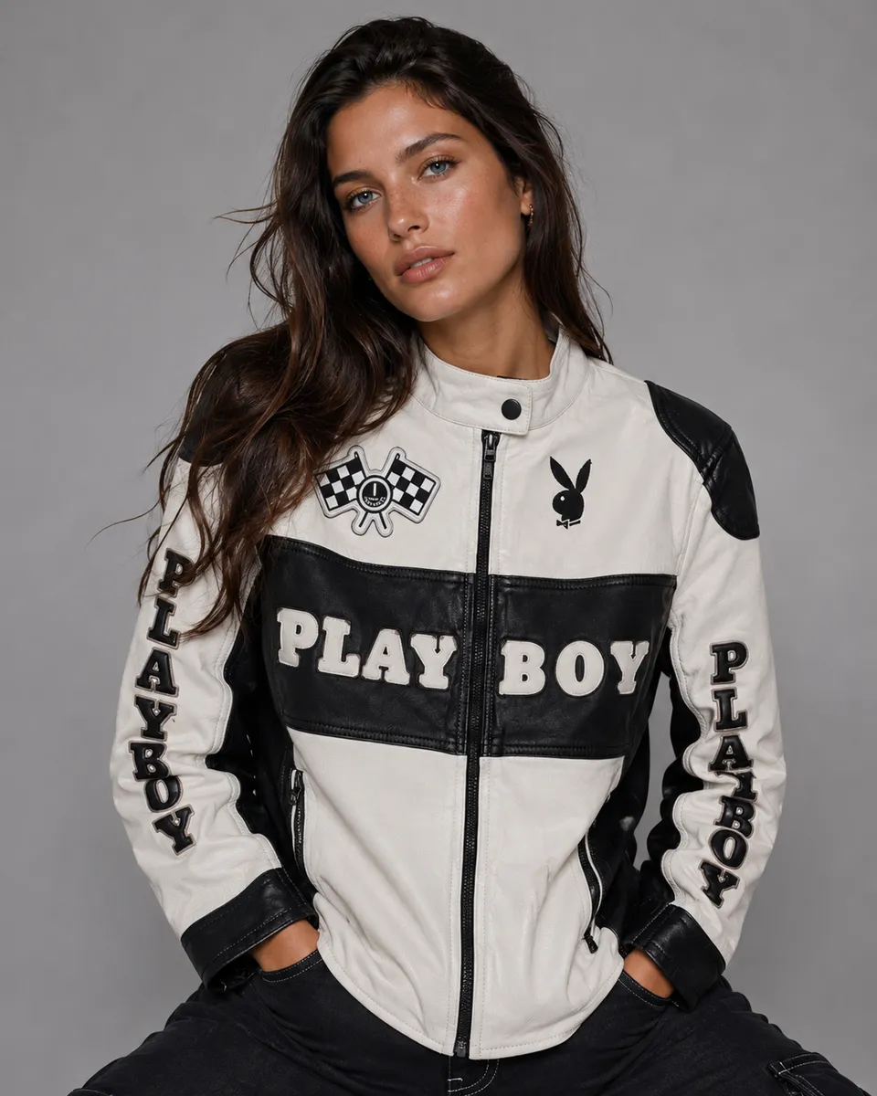 Playboy Anderson giacca pelle vera bianca racing