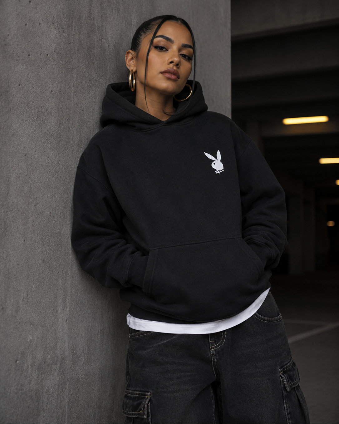 Playboy Class felpa cappuccio nera stampa archivio unisex