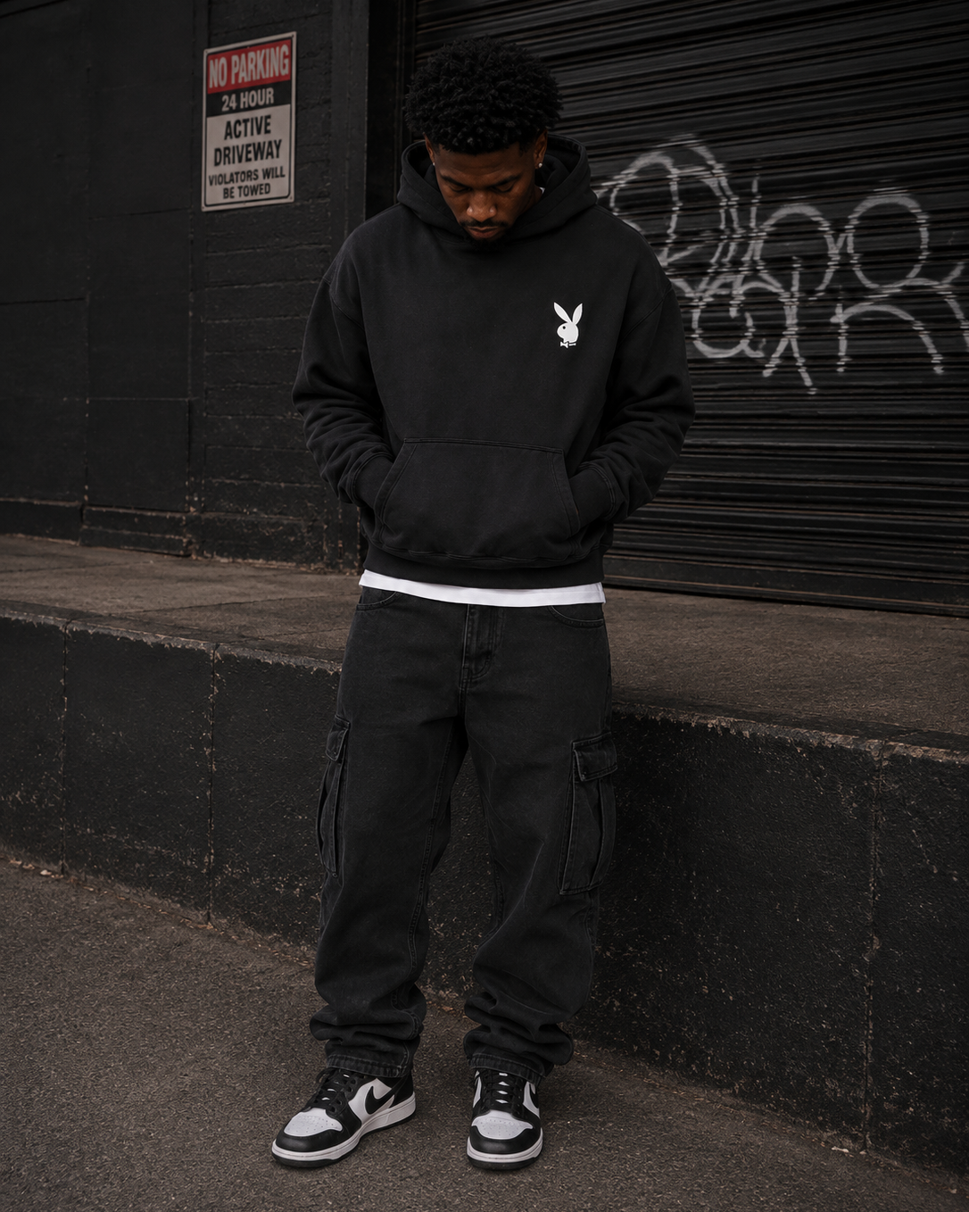 Playboy Class felpa cappuccio nera stampa archivio unisex