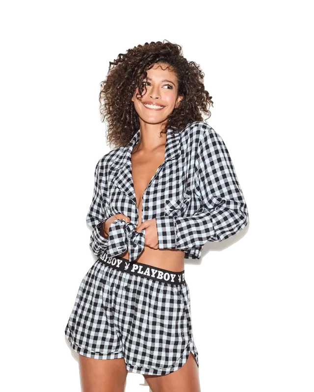 Playboy Flannel Sleep Crop Top pigiama cotone quadri blu