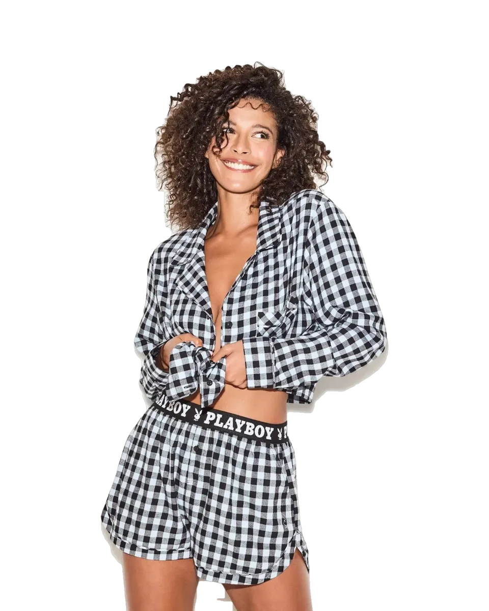 Playboy Flannel Sleep Crop Top pigiama cotone quadri blu