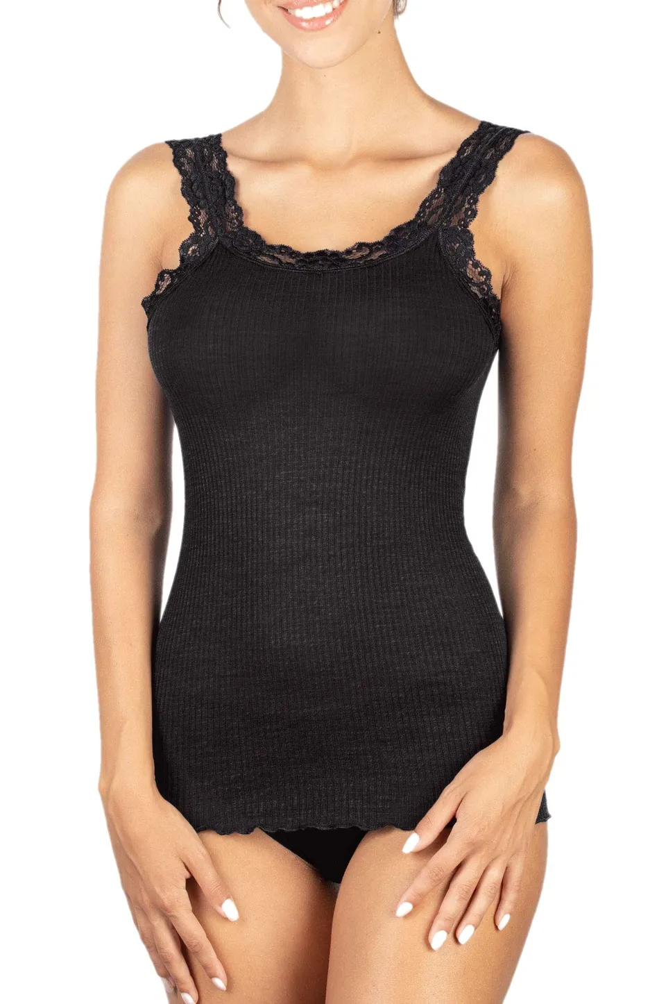 Egi canotta donna XL nera lana seta pizzo costine