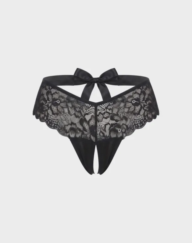 René Rofé High Waisted Bow Back Crotchless Panty slip aperto nero S/M