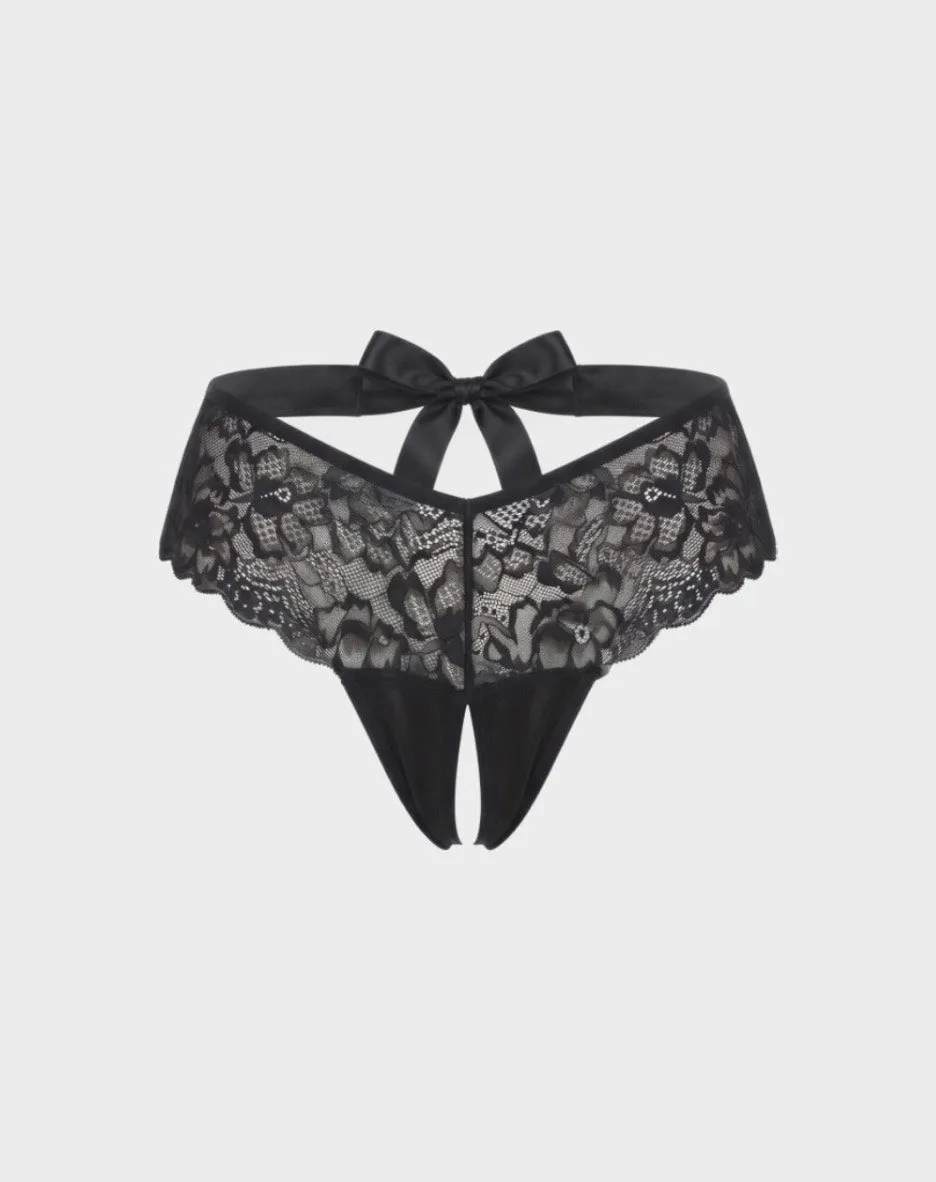 René Rofé High Waisted Bow Back Crotchless Panty slip aperto nero S/M