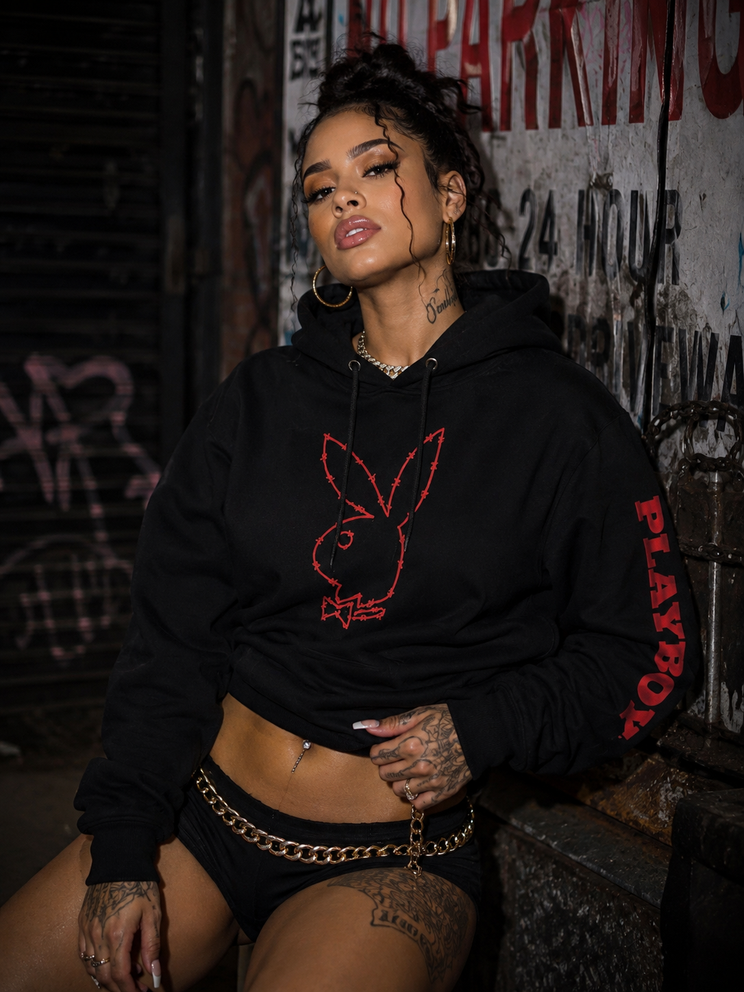 Playboy Tough Love felpa cappuccio nera cotone felpato
