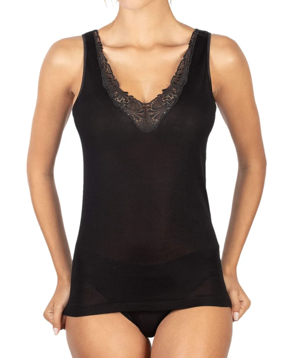 Egi Filo di Scozia Canotta Donna XXL Nero Pizzo Macramè