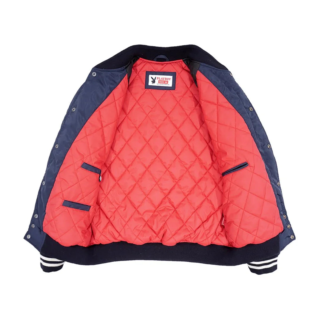 Playboy EST.53 giacca varsity blu con maniche pelle