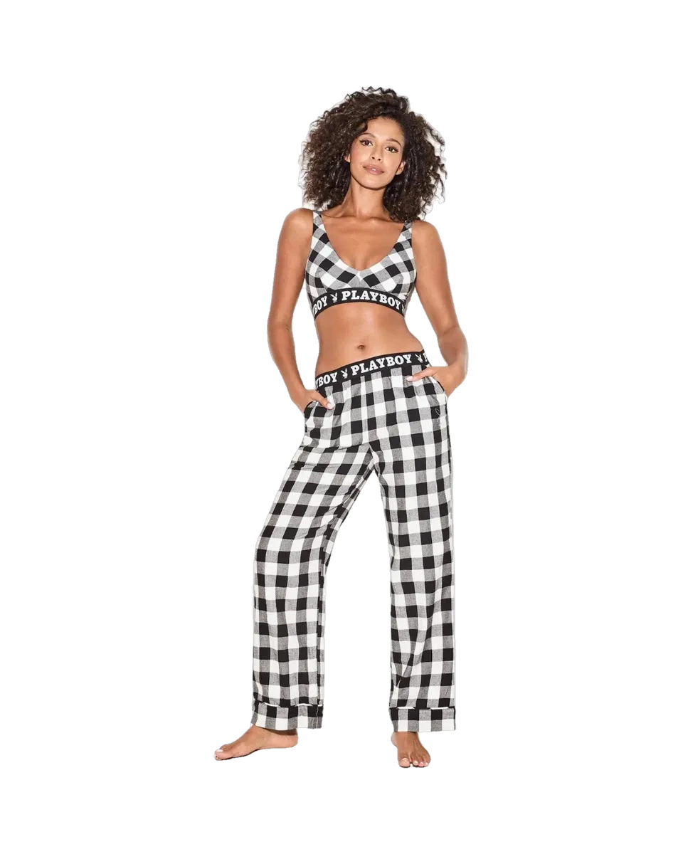 Playboy Check Flannel Bralette Notte Cotone-Modale Quadri B/N