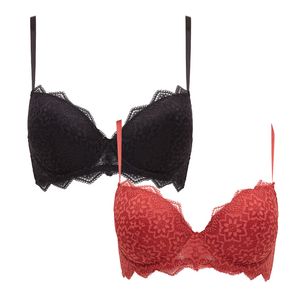 René Rofé Lace Push Up reggiseno pizzo 2 pezzi nero rosso