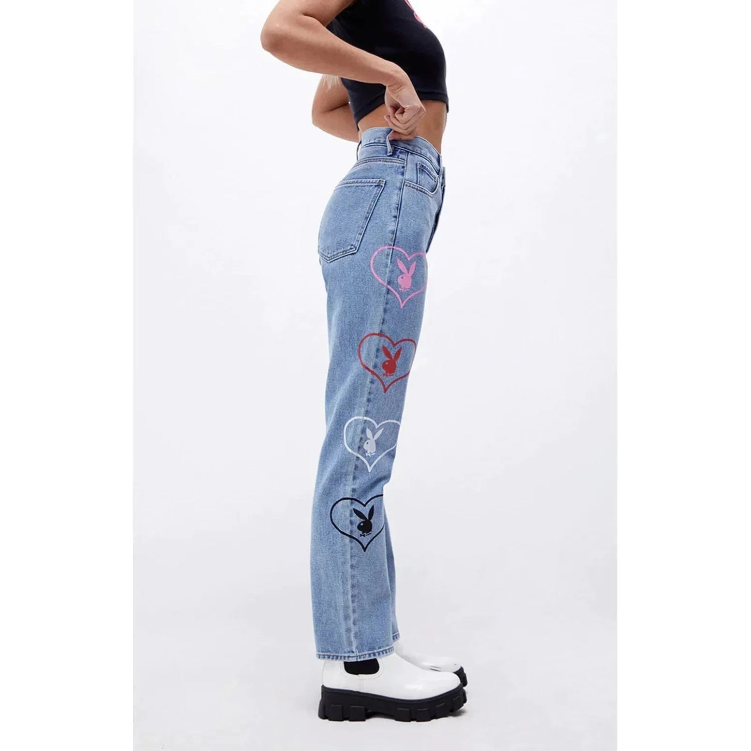 Playboy Baggy Bunny Heart Amore jeans denim vita alta