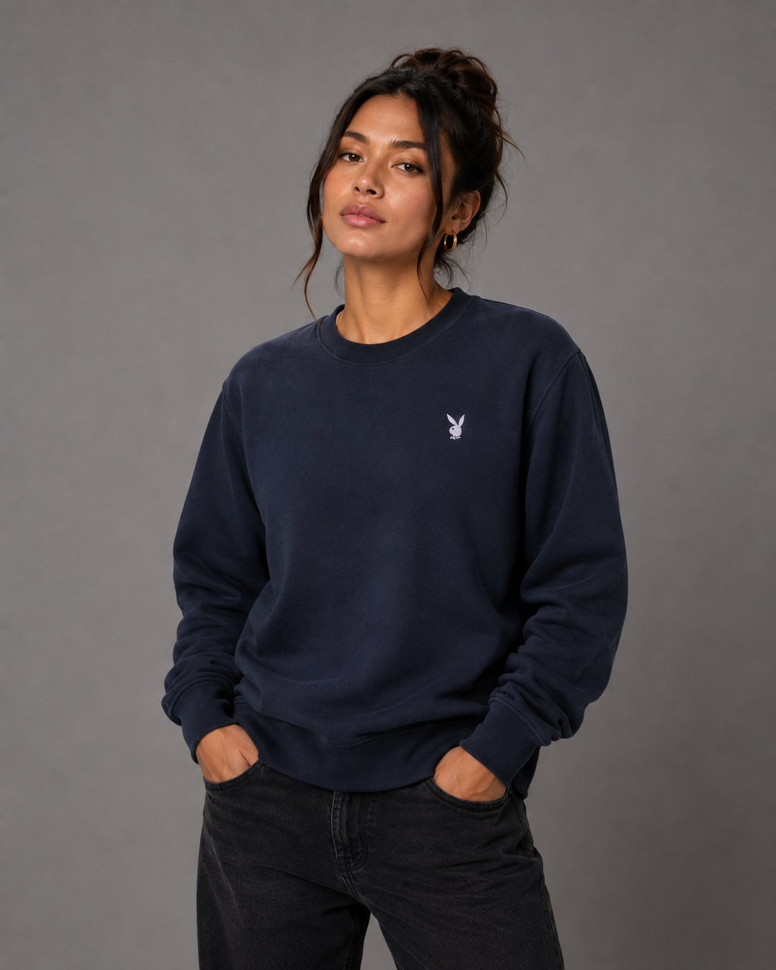 Playboy Bunny Basics felpa girocollo grigia in cotone
