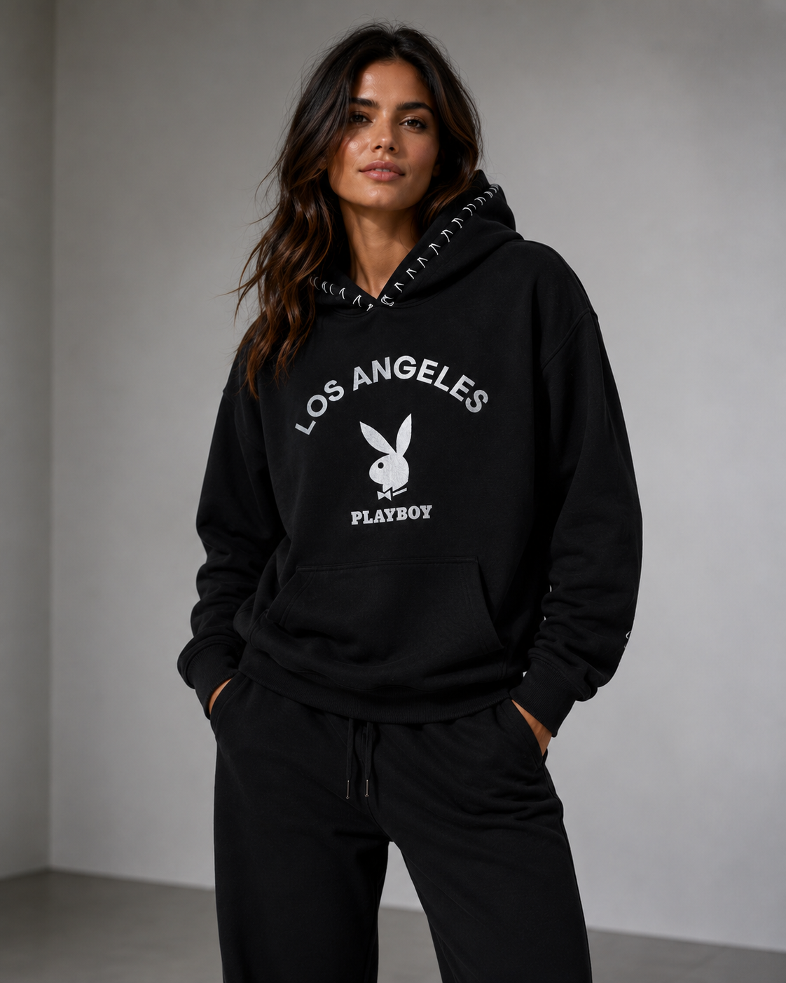 Playboy LA Hoodie felpa nera cappuccio cotone L