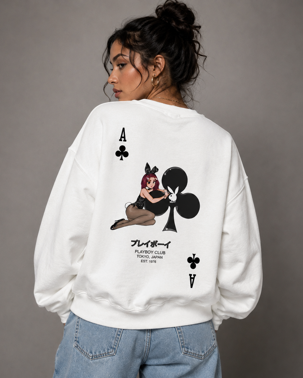 Playboy Ace of Club felpa girocollo bianca cotone