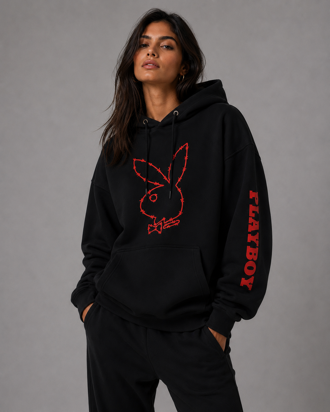 Playboy Tough Love felpa cappuccio nera cotone felpato