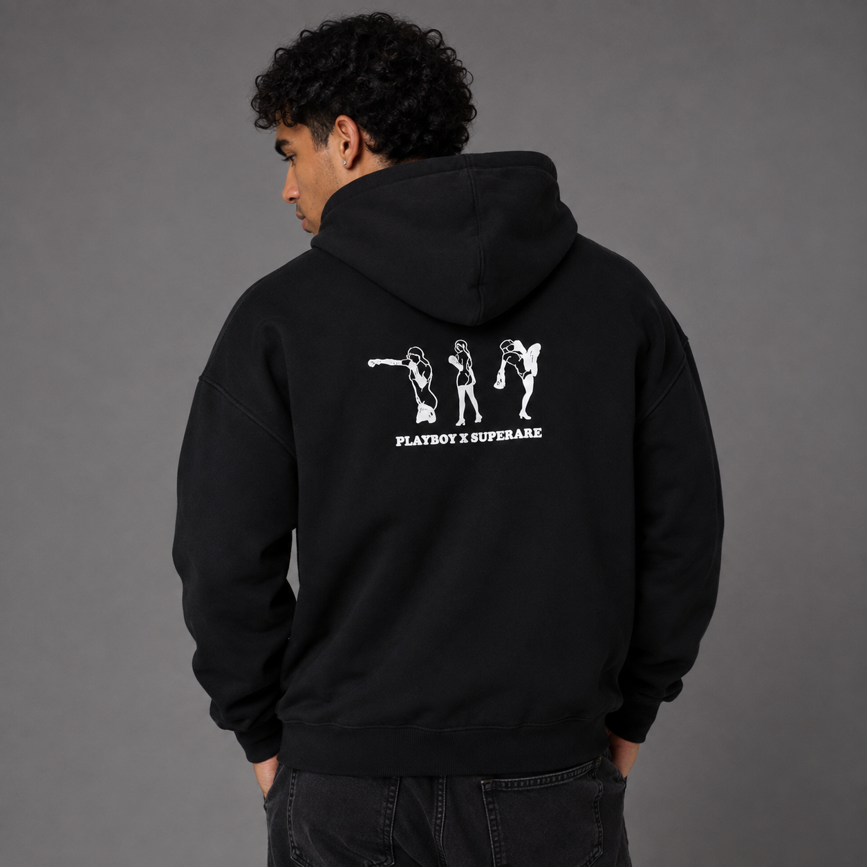 Playboy Knockout Felpa con Cappuccio Nera in Cotone