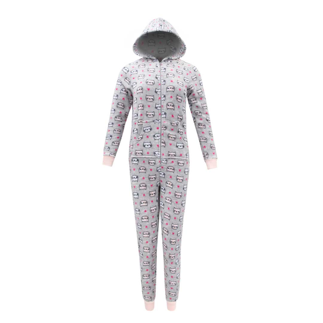 René Rofé Hooded Plush tuta pigiama pile grigia gatti S