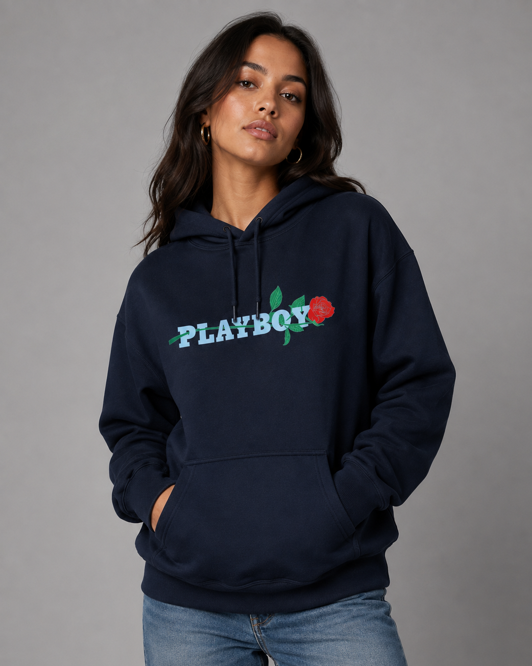 Playboy Rose Felpa con Cappuccio Unisex Nera Grafica Rosa