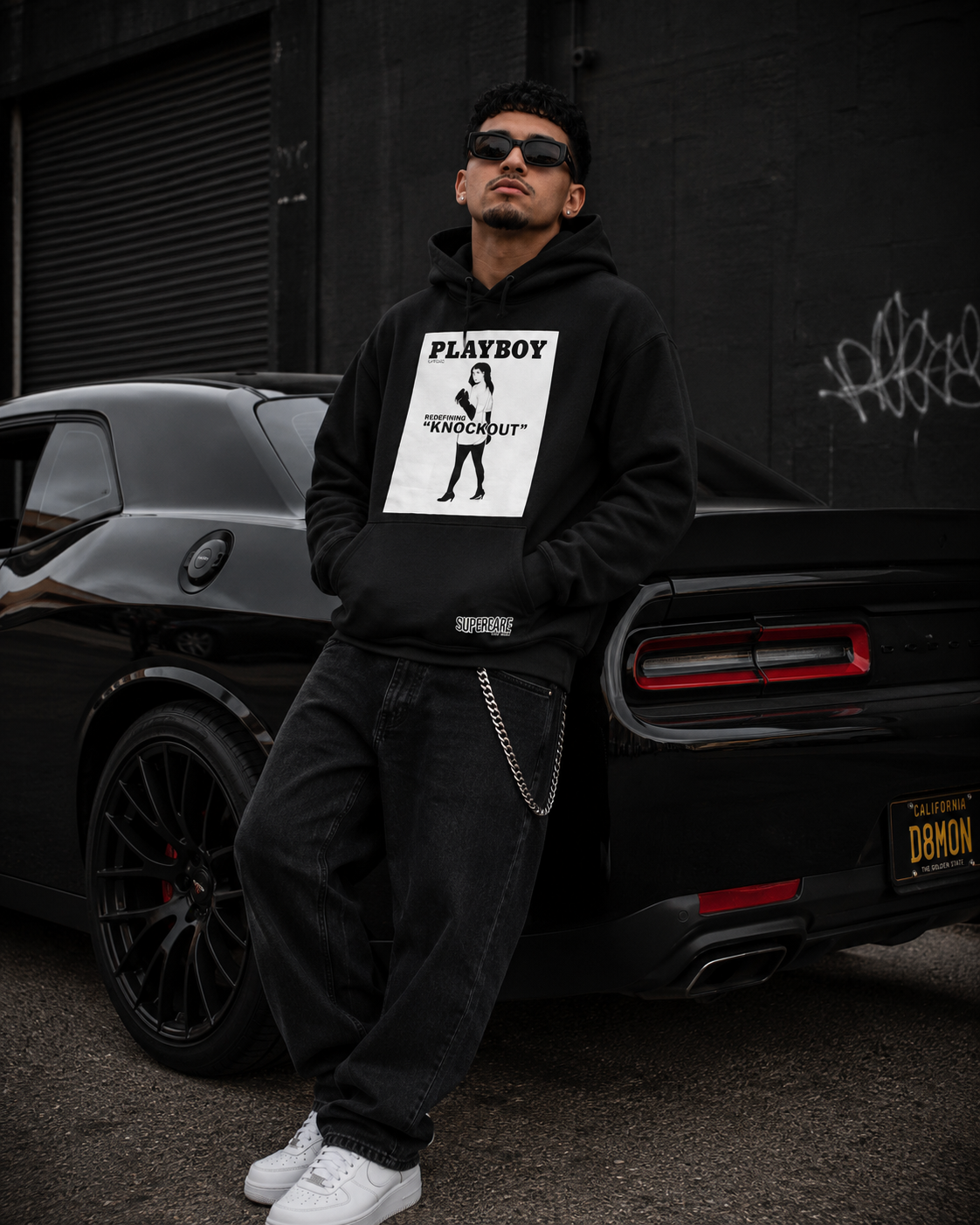 Playboy Knockout Felpa con Cappuccio Nera in Cotone
