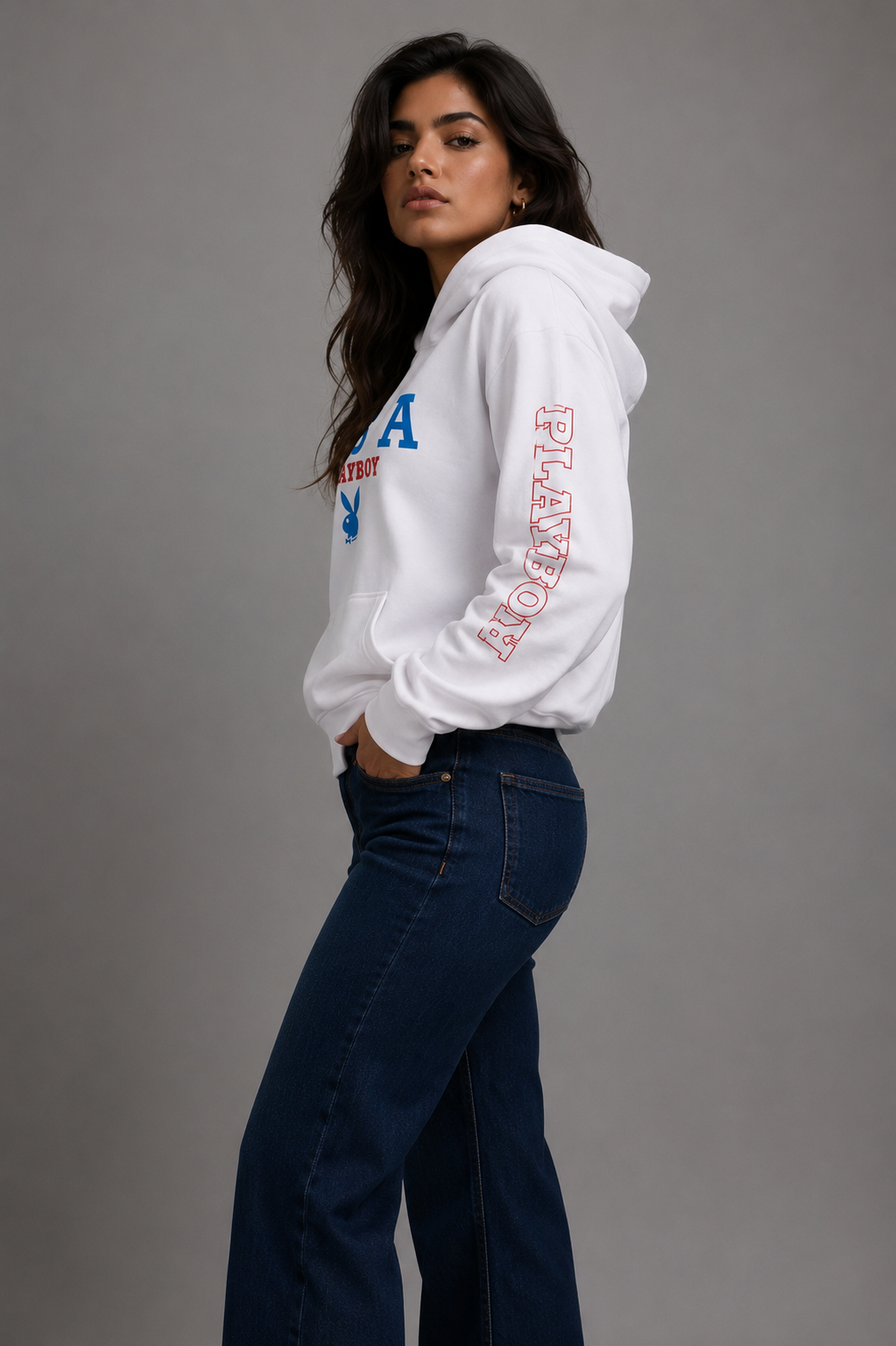 Playboy USA Hoodie felpa con cappuccio bianca fleece