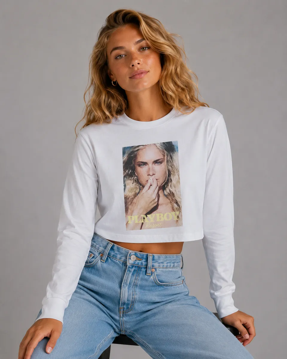 Playboy Resort Siren Crop Tee Manica Lunga Bianca Cotone