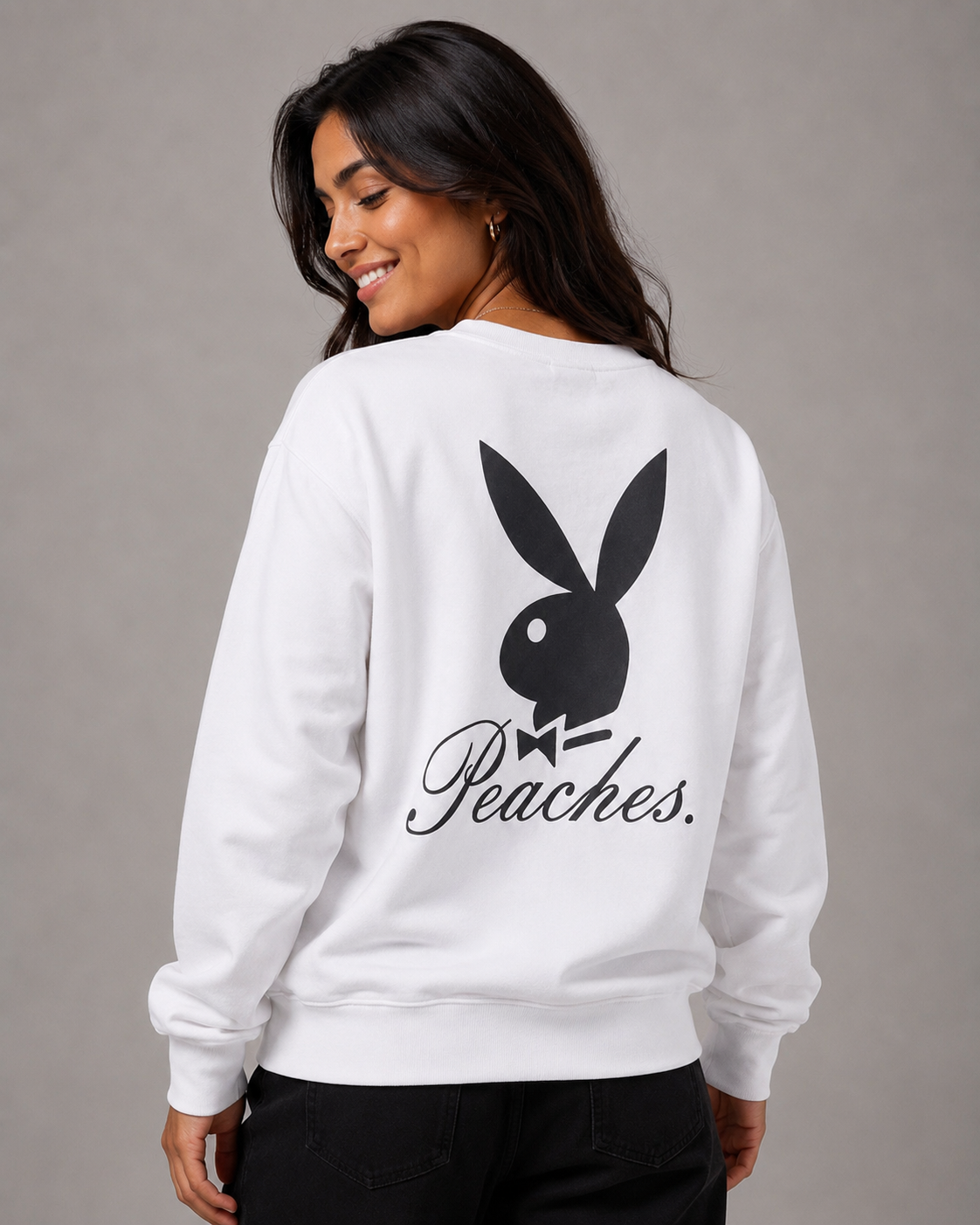 Playboy Peaches Script Crewneck felpa girocollo bianca