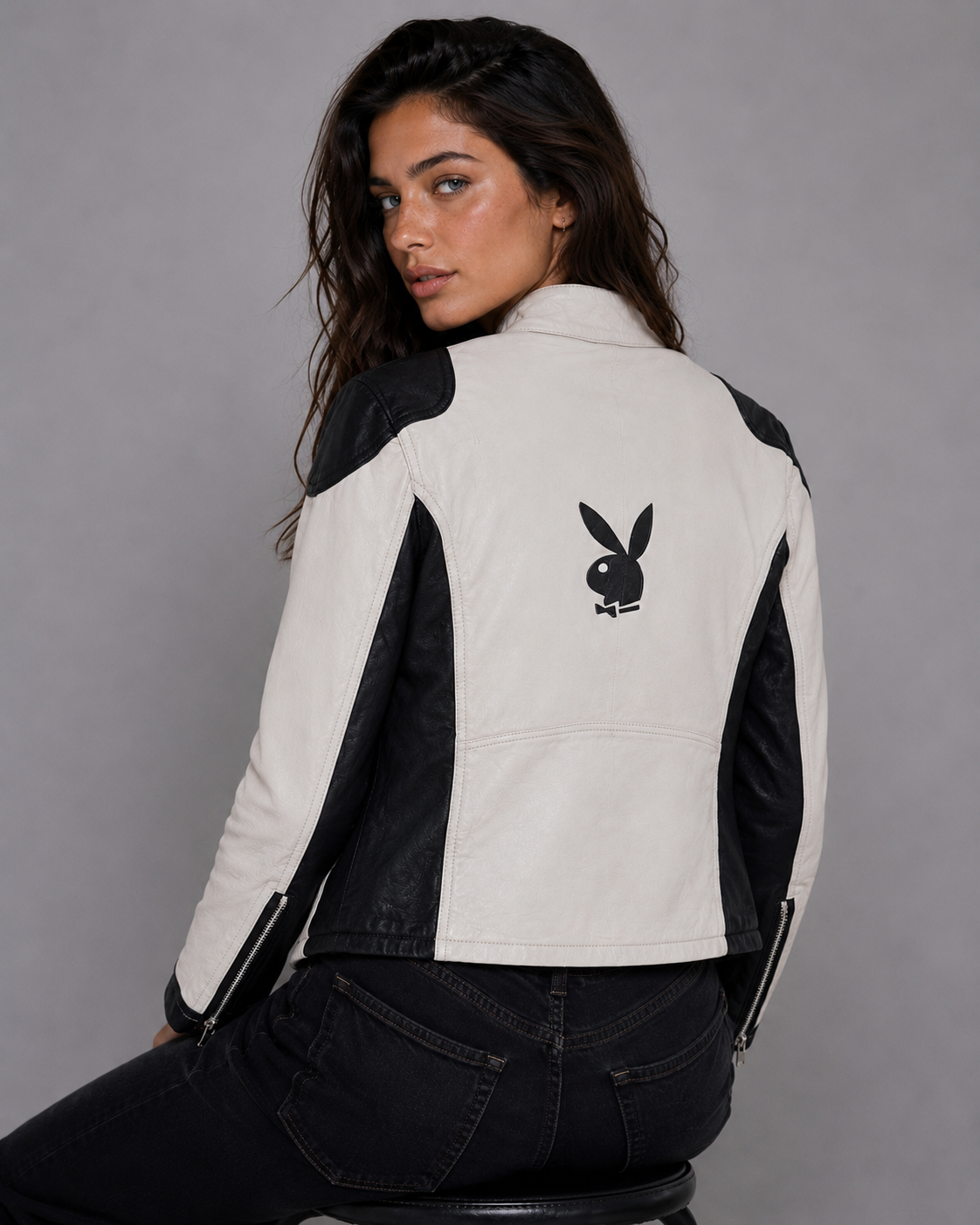 Playboy Anderson giacca pelle vera bianca racing