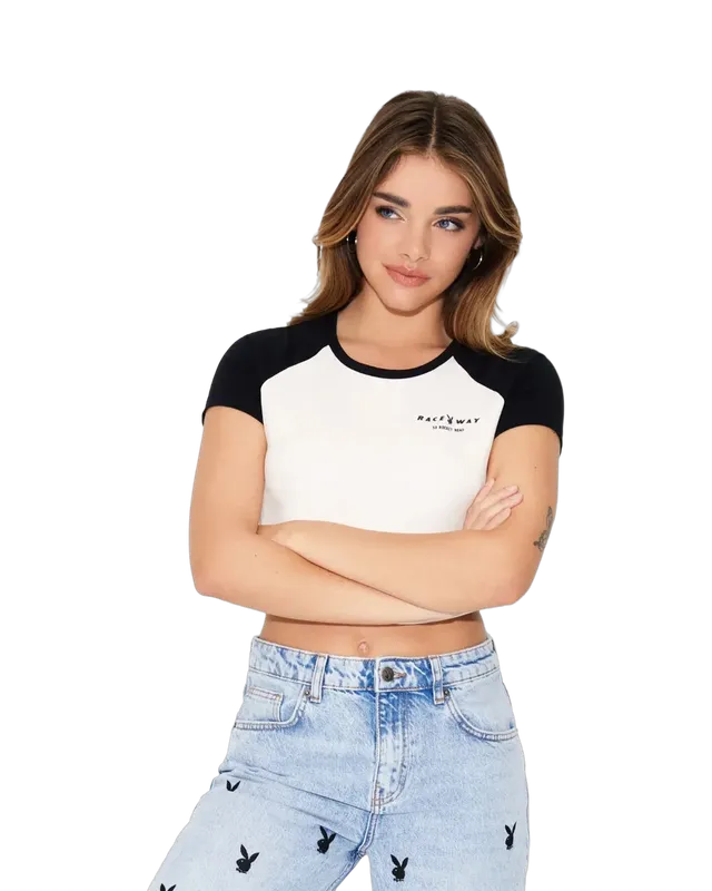 Playboy Raceway baby tee bianca cropped cotone