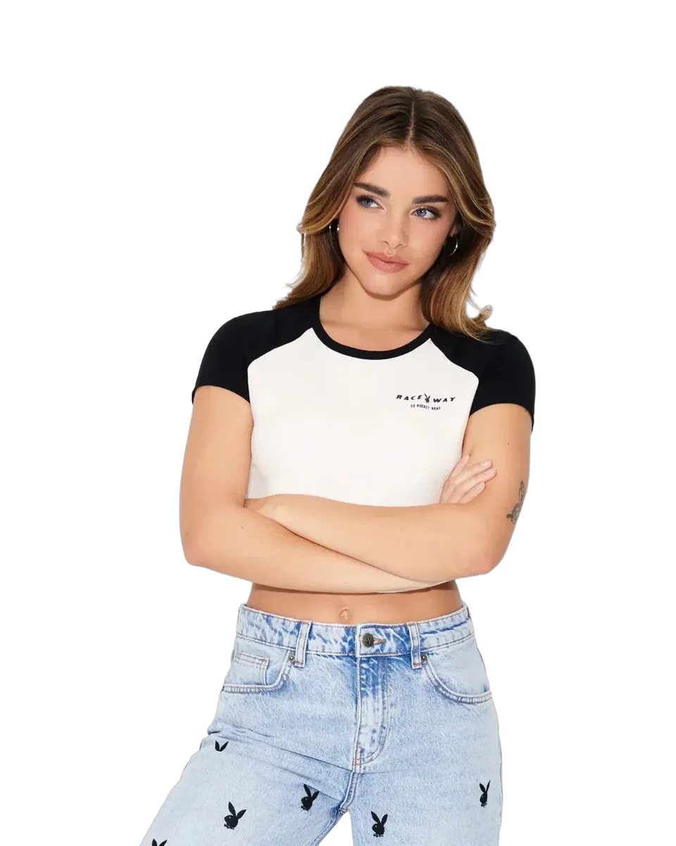 Playboy Raceway baby tee bianca cropped cotone