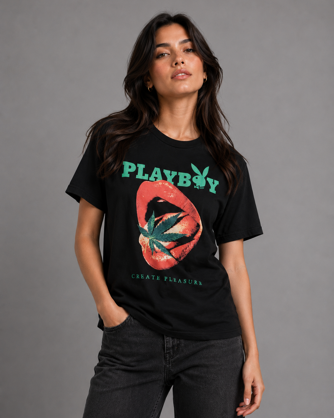 Playboy Create Pleasure T-Shirt Nera in Cotone