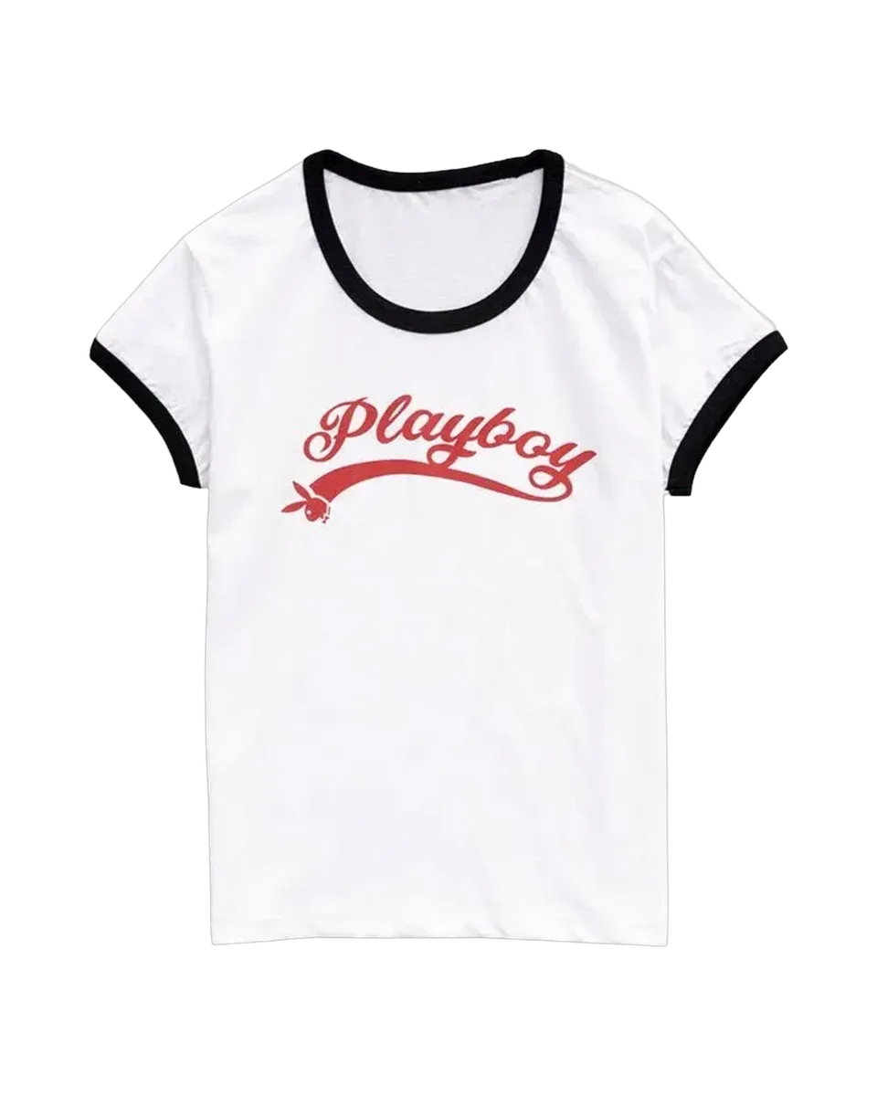 Playboy Script Baby Ringer t-shirt bianca cotone