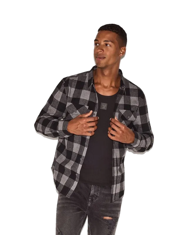 Playboy camicia flanella uomo nera quadri cotone